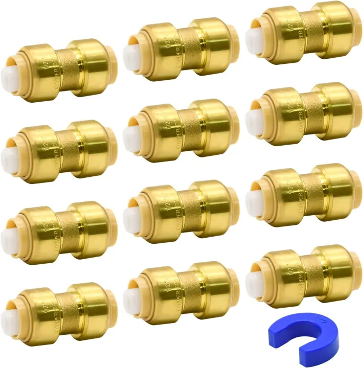 12-Pack 1/2" Push-Fit Straight Couplings — Brass Plumbing Fittings