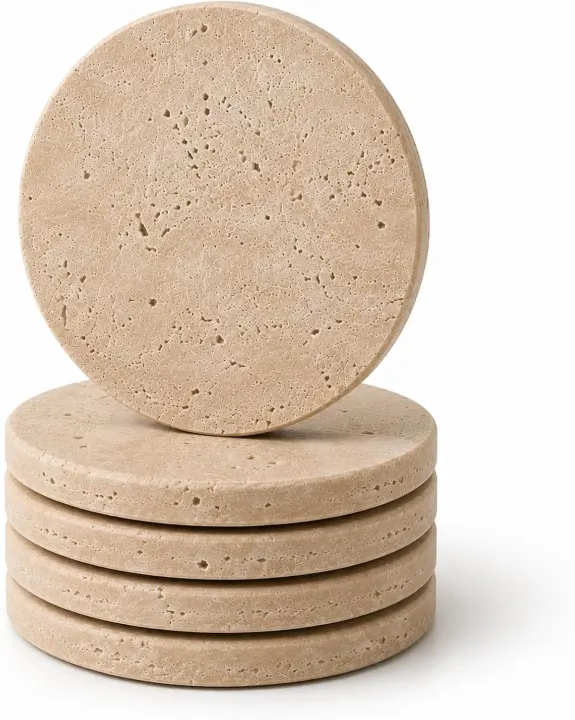 4" Round Natural Travertine Stone Coasters — Set of 4