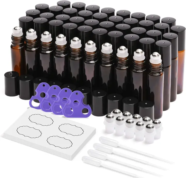 48-Pack 10ml Amber Essential Oil Roller Bottles with Tools