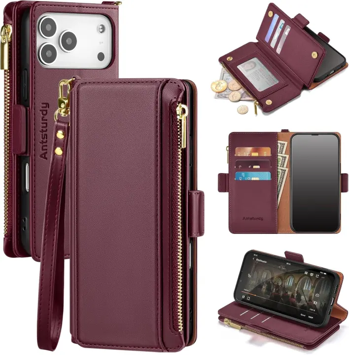 Antsturdy iPhone 18 Pro Wallet Case — Wine Red
