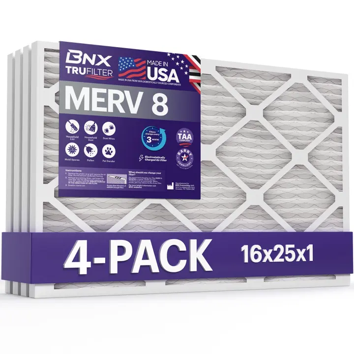 BNX TruFilter MERV 8 Pleated HVAC Air Filter — 16x25x1 (4-Pack)