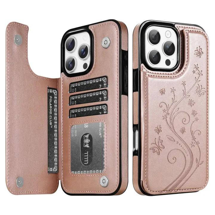 Butterfly-Embossed Leather Wallet Case with Card Holder for iPhone 16 Pro Max
