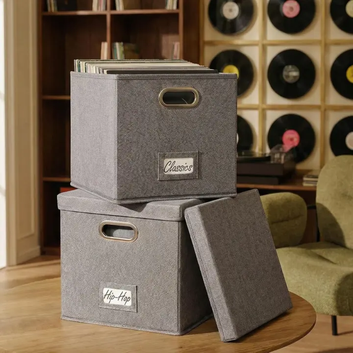 Collapsible Linen-Style Vinyl Record Storage Boxes — Set of 2 (13")