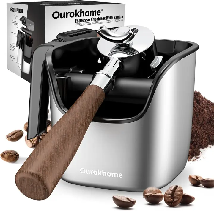 Compact Espresso Knock Box with Lid — Stainless Steel Grounds Bin