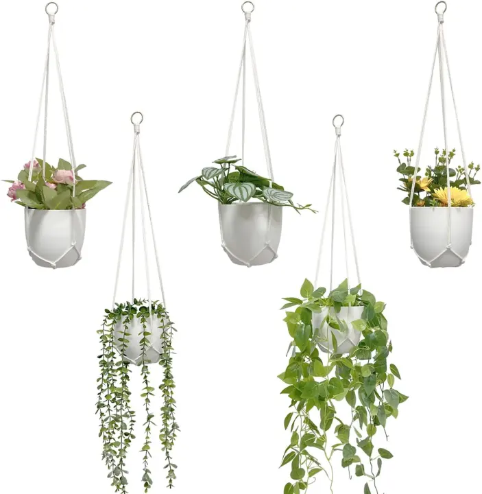 Macrame Plant Hanger Set — 5 Handmade Hanging Planters (Indoor)