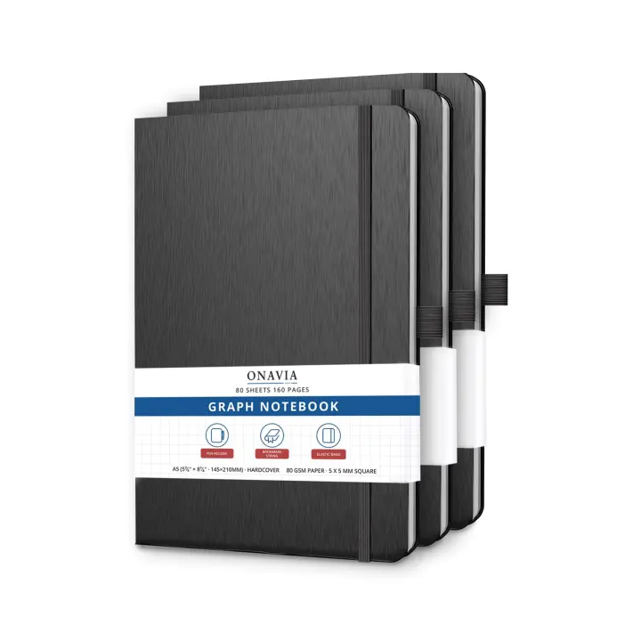 ONAVIA A5 Hardcover Graph Notebooks — 3-Pack, 160 Pages, Grid (5.8 x 8.3 in)