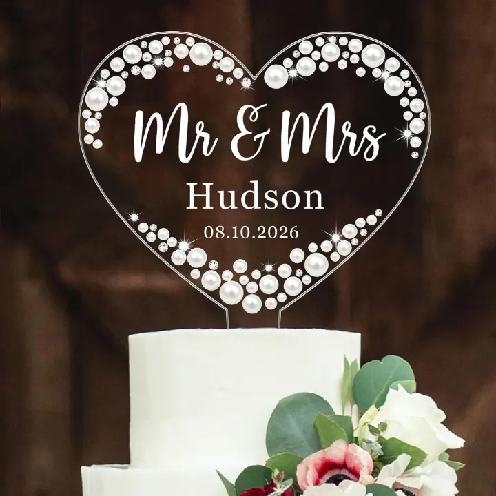 Personalized Mr & Mrs Acrylic Wedding Cake Topper with Pearls