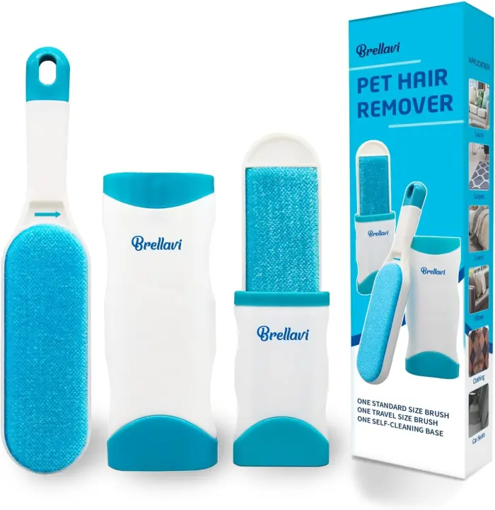 Reusable Pet Hair Remover Brush Set — Two Brushes + Self‑Cleaning Base