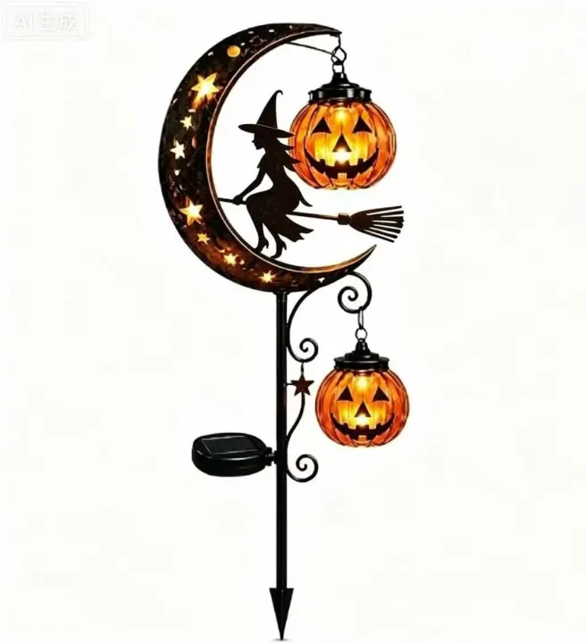 Solar Halloween Garden Stake Light — Black Cat, Crescent Moon & Pumpkin