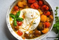 Oven Roasted Tomatoes and Creamy Burrata with a Fiery Honey Drizzle