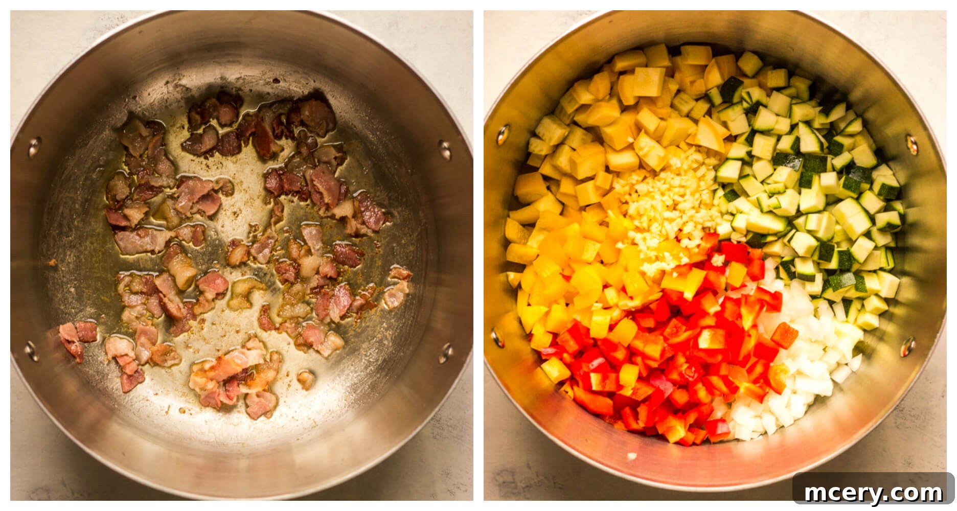 Spicy Sunshine Stew 3 A vibrant mix of chopped onions, zucchini, yellow squash, bell peppers, and garlic sautéing in a large soup pot, creating the aromatic base for the chili.