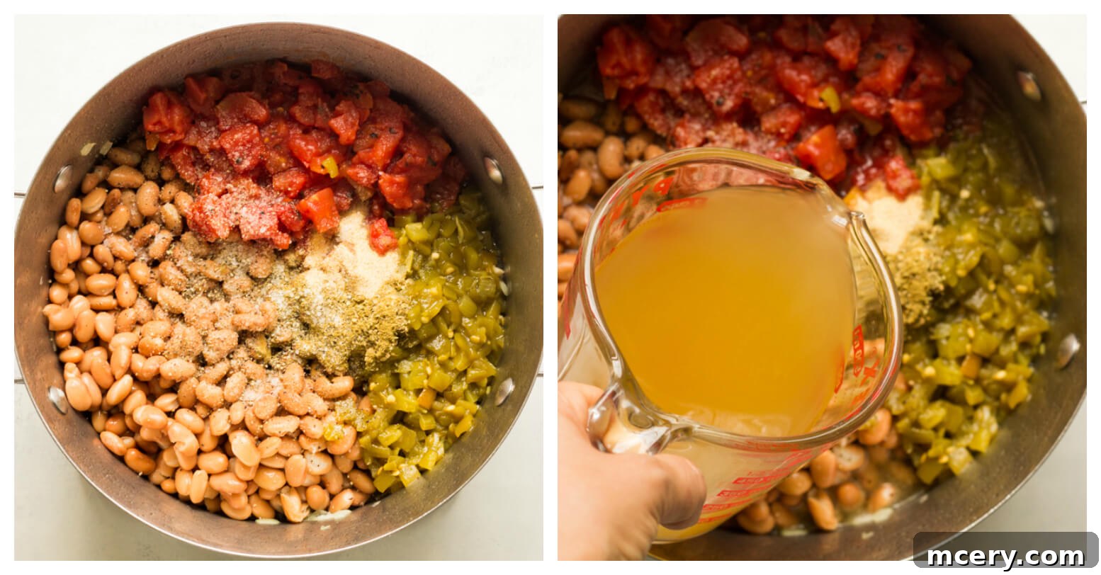 Whip Up the Ultimate Chicken Chili 5 Dutch oven with beans, tomatoes, spices, green chilies, and chicken stock