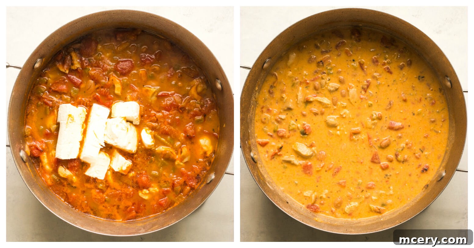 Whip Up the Ultimate Chicken Chili 6 Dutch oven with chili and cubes of cream cheese