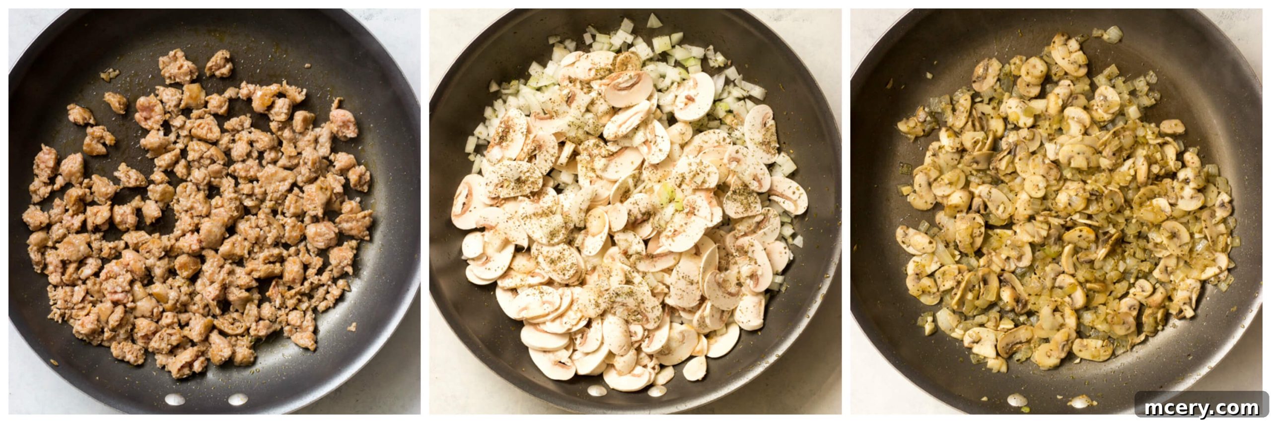 Overhead view of three skillets showing the progression of cooking ingredients: raw sausage, raw mushrooms, and cooked mushrooms with onions and garlic.