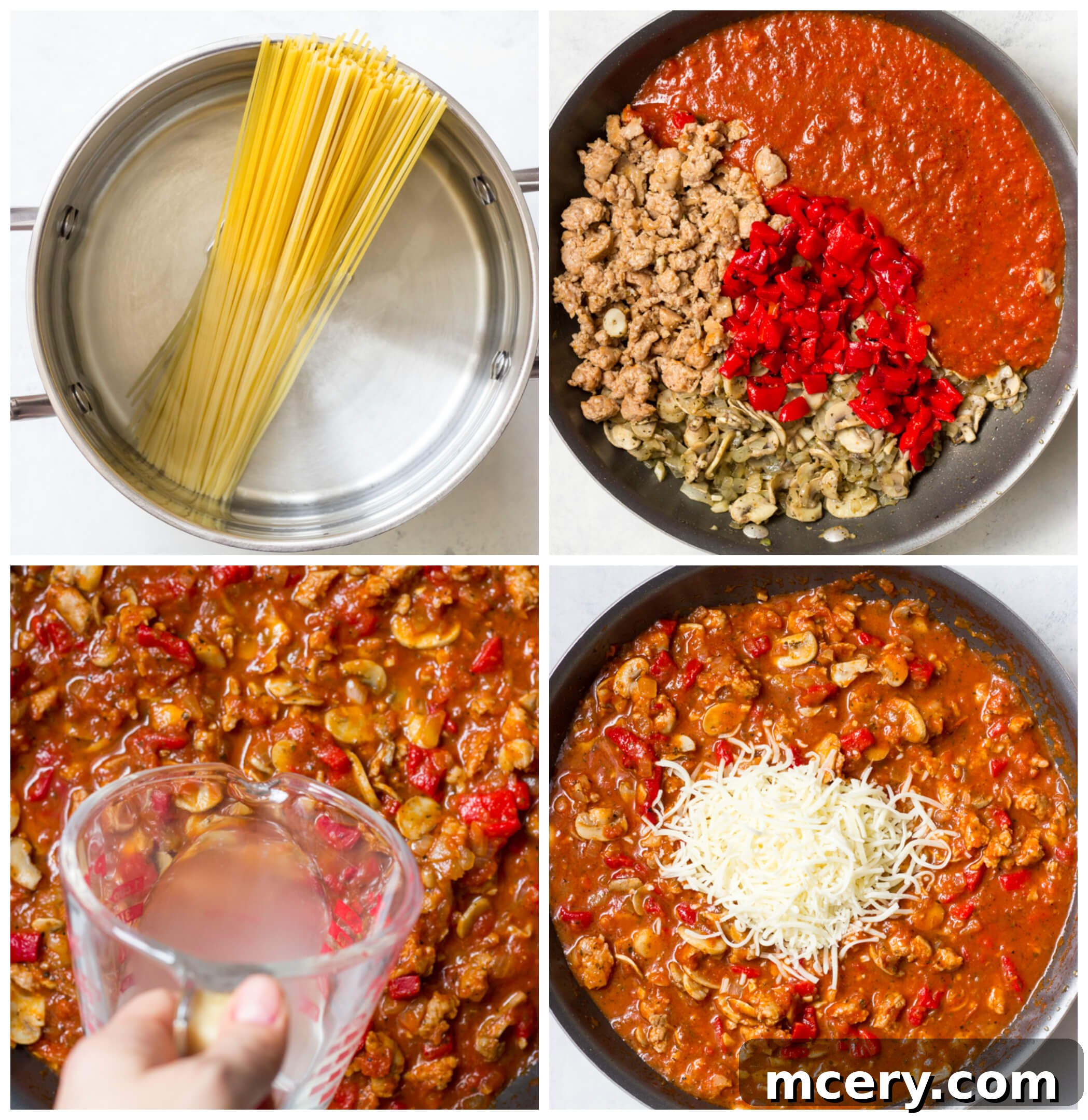 Overhead view of four sequential images demonstrating how to prepare the spaghetti sauce: adding sausage, pasta sauce, peppers, and cheese.
