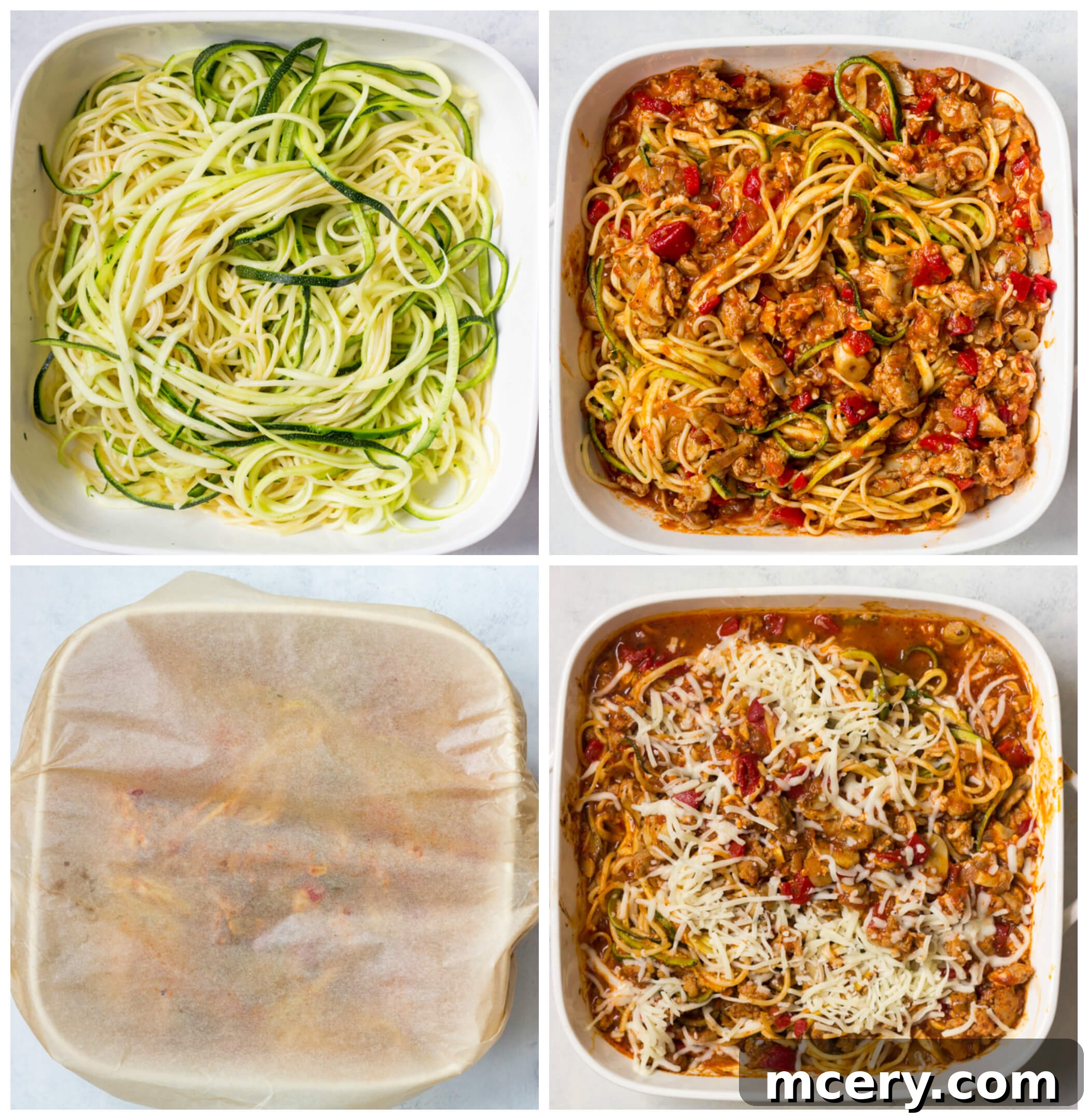 Overhead view of four images detailing the assembly and baking process of a zucchini spaghetti bake: combining noodles and sauce, baking covered, adding cheese, and final baked dish.