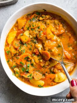 Overhead view of chicken stew in white bowl with spoon