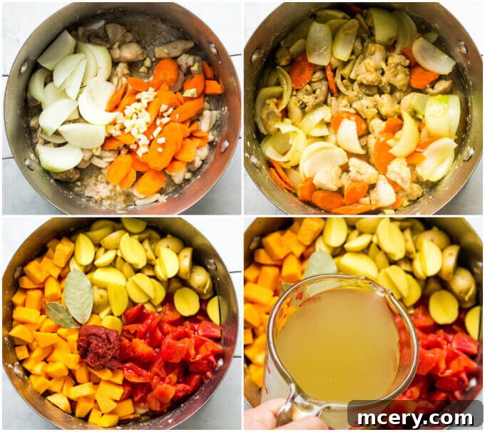 Hearty Butternut Chicken Stew 5 Partially cooked chicken pieces mixed with sautéed carrots, onions, and garlic in a Dutch oven, with butternut squash and potatoes waiting to be added.