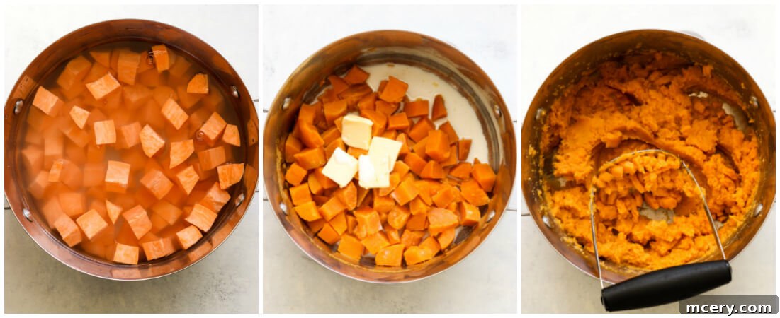 Golden Mash Comfort Bake 4 Step-by-step image showing mashed sweet potatoes in a pot