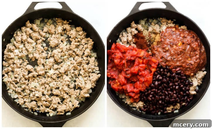 Golden Mash Comfort Bake 5 Step-by-step image showing ground turkey and onions cooking in a skillet