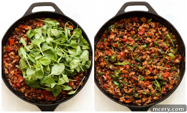 Golden Mash Comfort Bake 6 Step-by-step image showing black beans, tomatoes, and spices mixed with turkey in a skillet