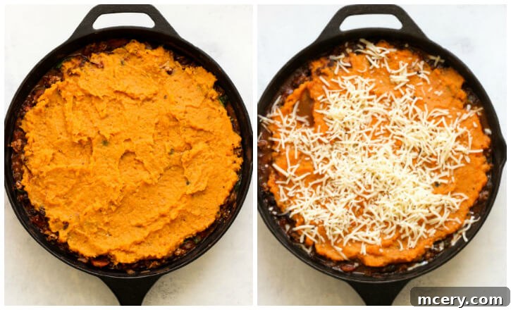 Golden Mash Comfort Bake 7 Step-by-step image showing baked sweet potato shepherd's pie topped with melted cheese