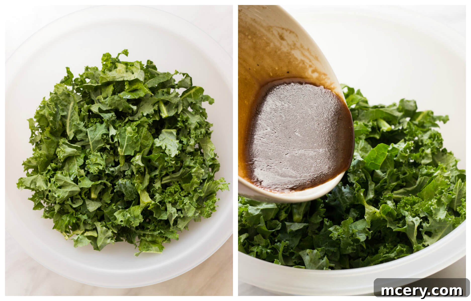 Sweet-Tart Kale and Cranberry Salad 6 A large glass bowl filled with finely chopped curly kale, glistening with a light coating of balsamic dressing as it's being massaged by hand, preparing it for the salad.