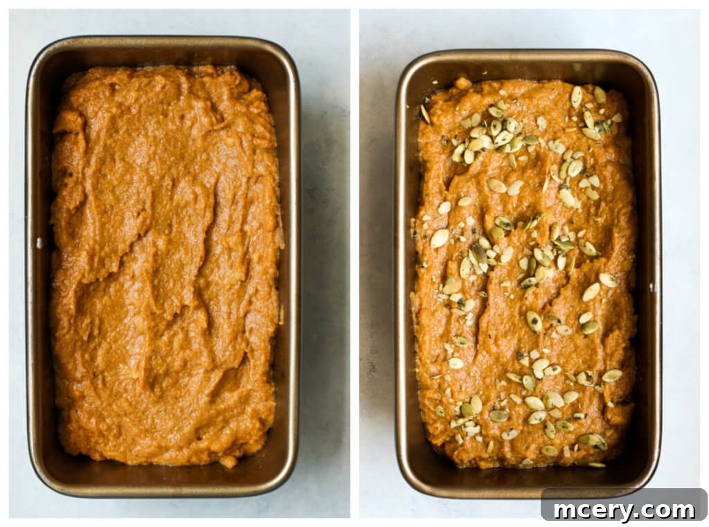 Clean Eating Pumpkin Loaf 7 Unbaked pumpkin bread batter, topped with crunchy pumpkin seeds, resting in a loaf pan before baking.