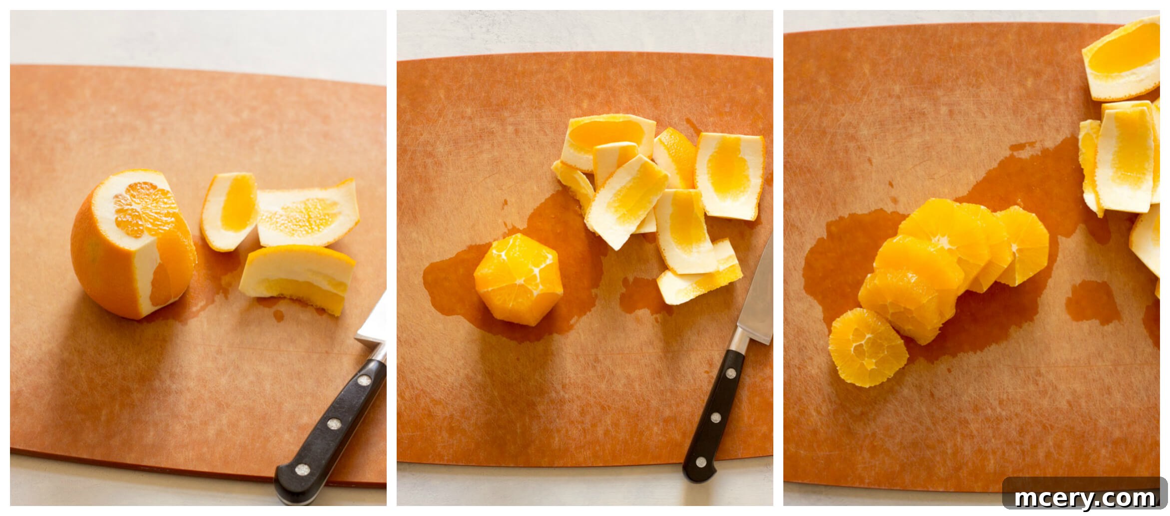 Vibrant Roasted Beet and Avocado Salad 7 Sliced oranges on cutting board for roasted beet salad with avocado