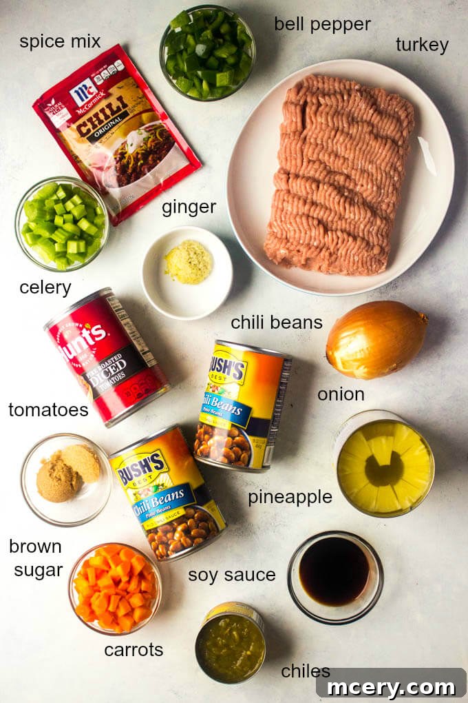 Arrangement of fresh ingredients including ground turkey, vegetables, spices, and canned goods for sweet and spicy chili.