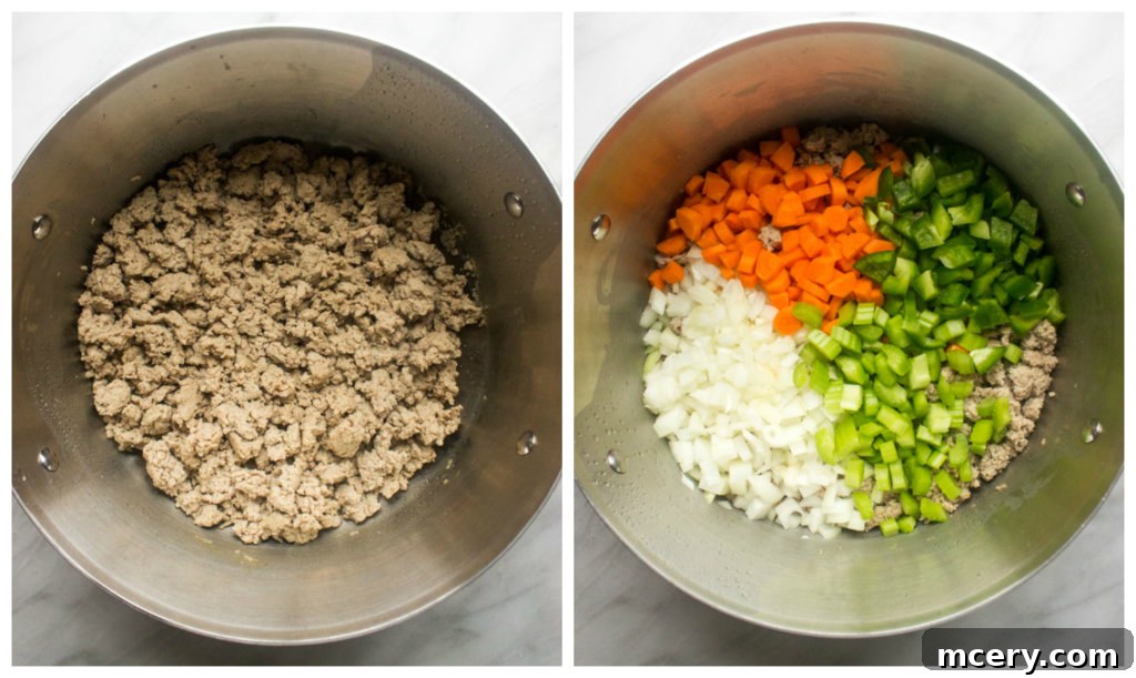 Step by step instructions for sweet spicy chili, showing browned turkey and sautéed vegetables in a dutch oven.