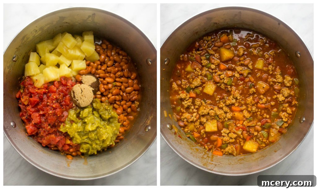 Close up of sweet and spicy chili simmering in a dutch oven, rich and ready to serve.