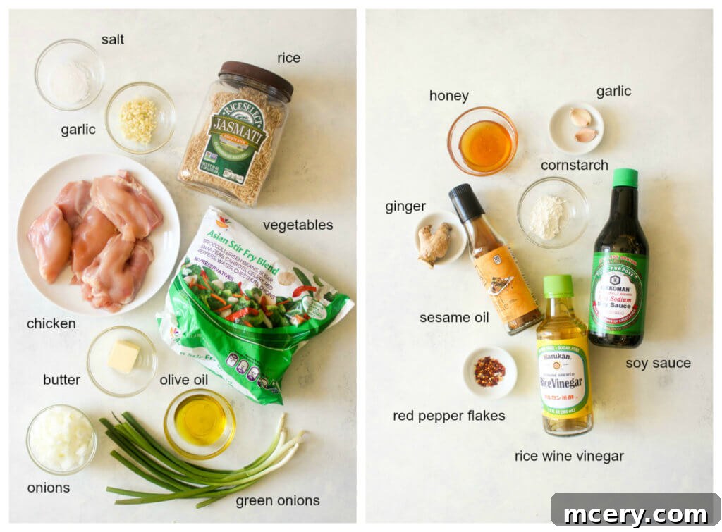 One Pan Teriyaki Chicken and Rice Bake 3 Collection of fresh ingredients for healthy teriyaki chicken and sauce laid out on a white surface.