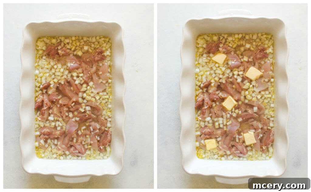 One Pan Teriyaki Chicken and Rice Bake 5 Chicken thighs and olive oil added to the rice mixture in a white casserole dish, ready for baking.