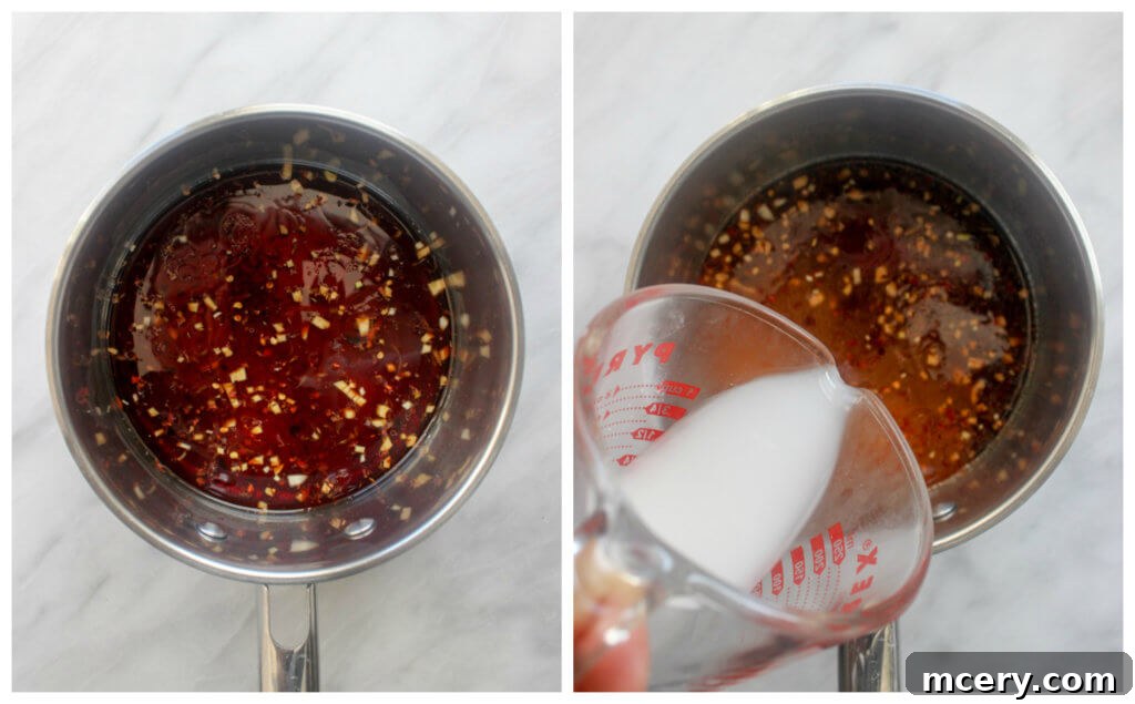 One Pan Teriyaki Chicken and Rice Bake 6 Homemade teriyaki sauce simmering in a small saucepan on the stove.