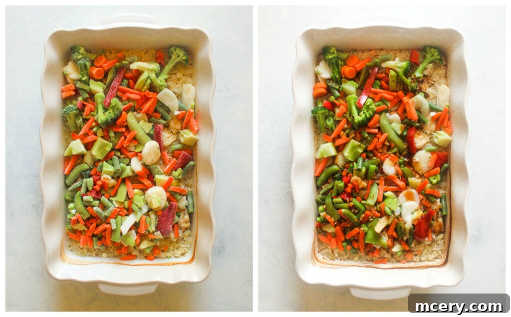 One Pan Teriyaki Chicken and Rice Bake 7 Baked rice with frozen Asian vegetables added on top of the chicken and rice, ready for final baking.