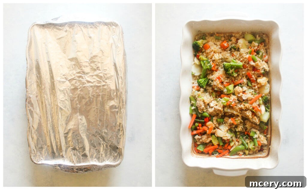 One Pan Teriyaki Chicken and Rice Bake 8 Finished baked teriyaki chicken and rice casserole in a white dish, glazed with sauce and ready to be served.