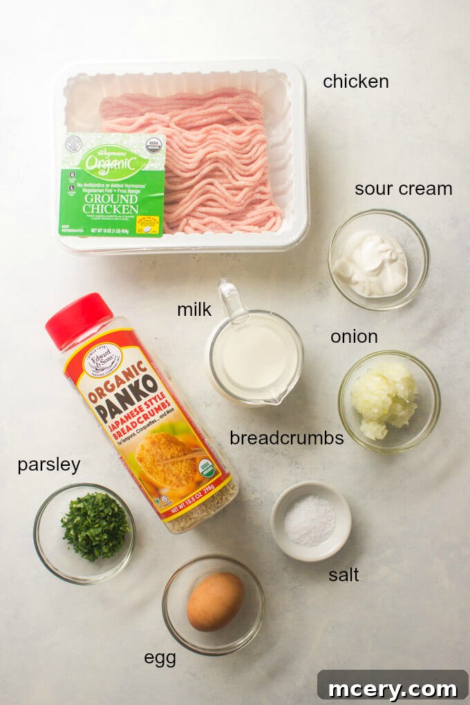 Lean and Flavorful Chicken Meatballs 3 A flat lay photograph of all the fresh ingredients for baked chicken meatballs recipe including ground chicken, panko, milk, eggs, and herbs.
