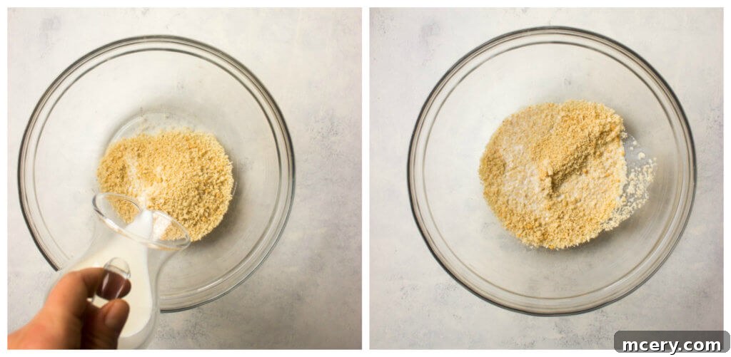 Lean and Flavorful Chicken Meatballs 4 Panko breadcrumbs soaking in milk in a glass bowl, forming the panade for easy chicken meatballs.