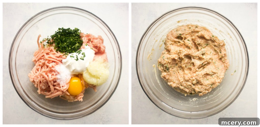 Lean and Flavorful Chicken Meatballs 5 All the raw ingredients for easy chicken meatballs, including ground chicken, egg, onions, parsley, and sour cream, combined in a large glass bowl.