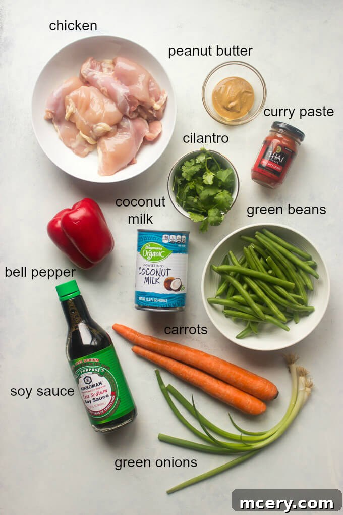 A colorful array of ingredients laid out for a coconut curry chicken recipe, including chicken thighs, various vegetables, and jars of red curry paste and coconut milk
