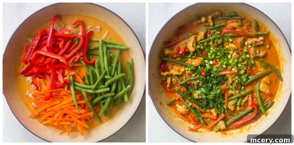 Finely chopped vegetables added to a saute pan with chicken, simmering in the rich curry sauce