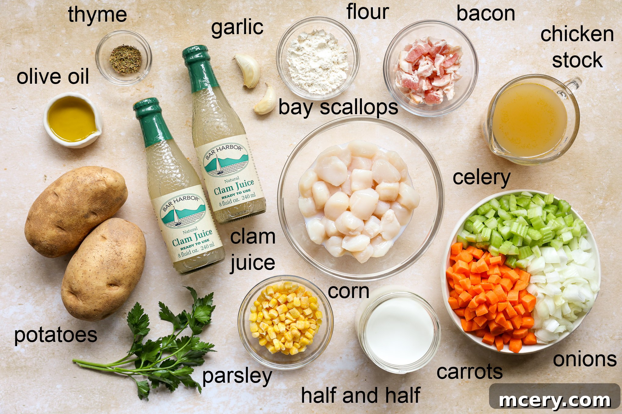 Velvety Scallop Chowder 3 Collection of fresh ingredients for scallop chowder recipe, including scallops, bacon, corn, potatoes, and various vegetables.