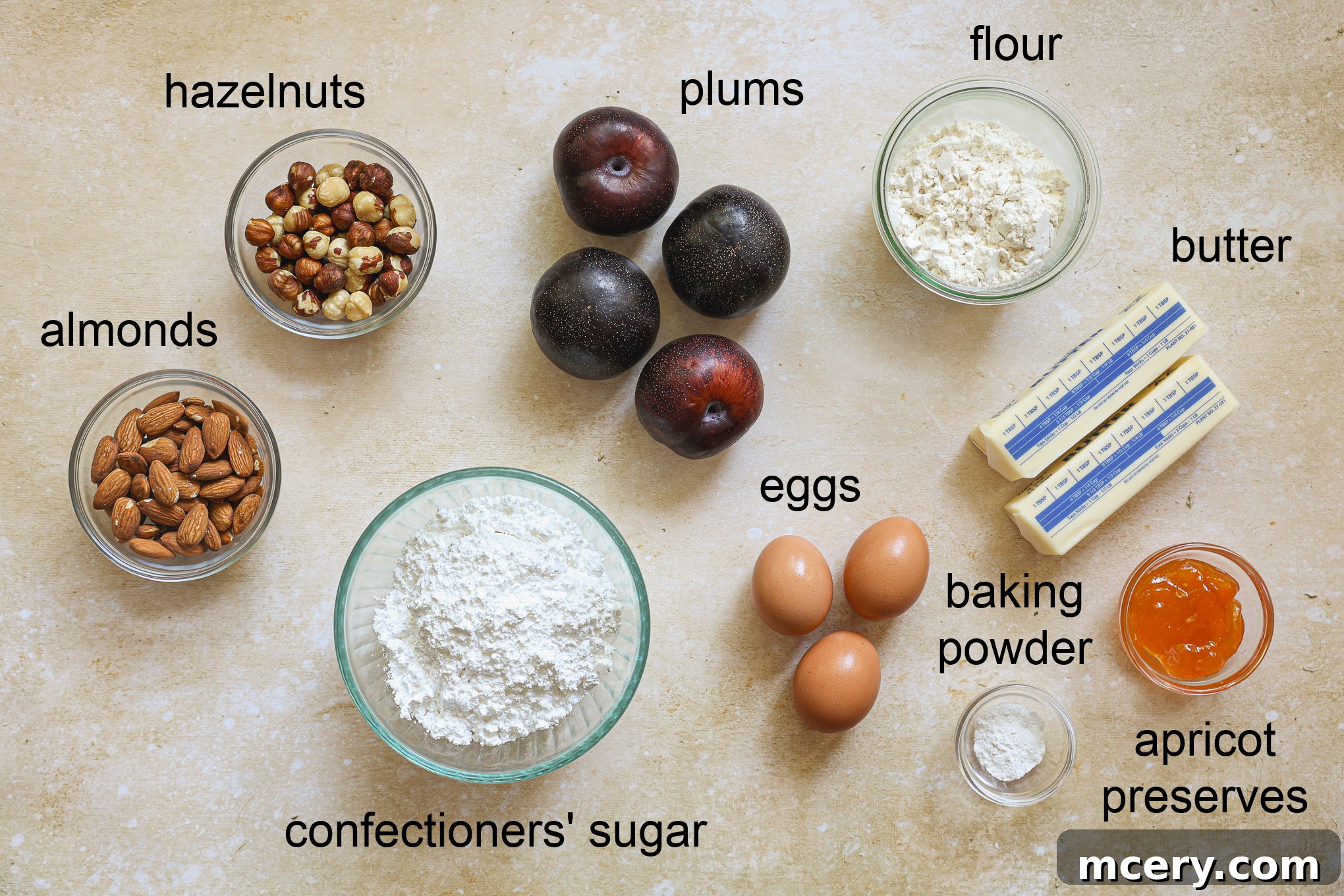 Classic Plum Torte 3 Ingredients laid out for plum torte preparation.