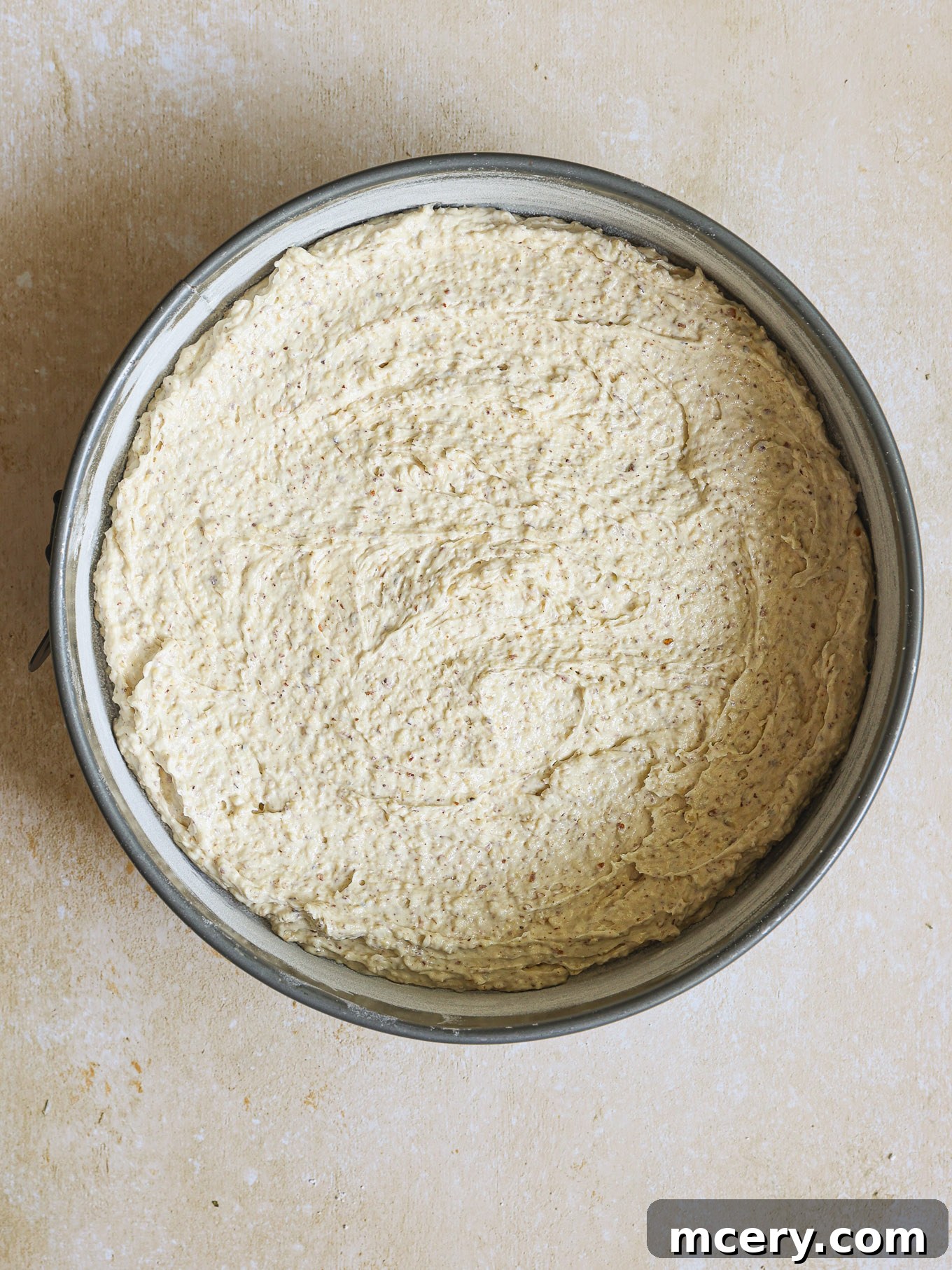 Classic Plum Torte 9 Torte batter spooned into a springform pan.