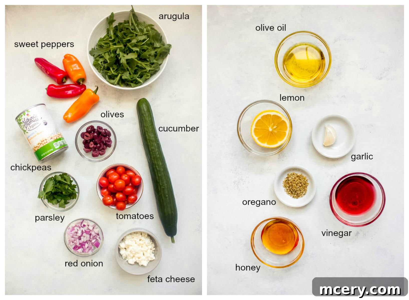 Vibrant Mediterranean Chickpea Salad 4 Arrangement of fresh ingredients for Greek Chickpea Salad with arugula, including vibrant vegetables, olives, feta, and the dressing components, ready for preparation.