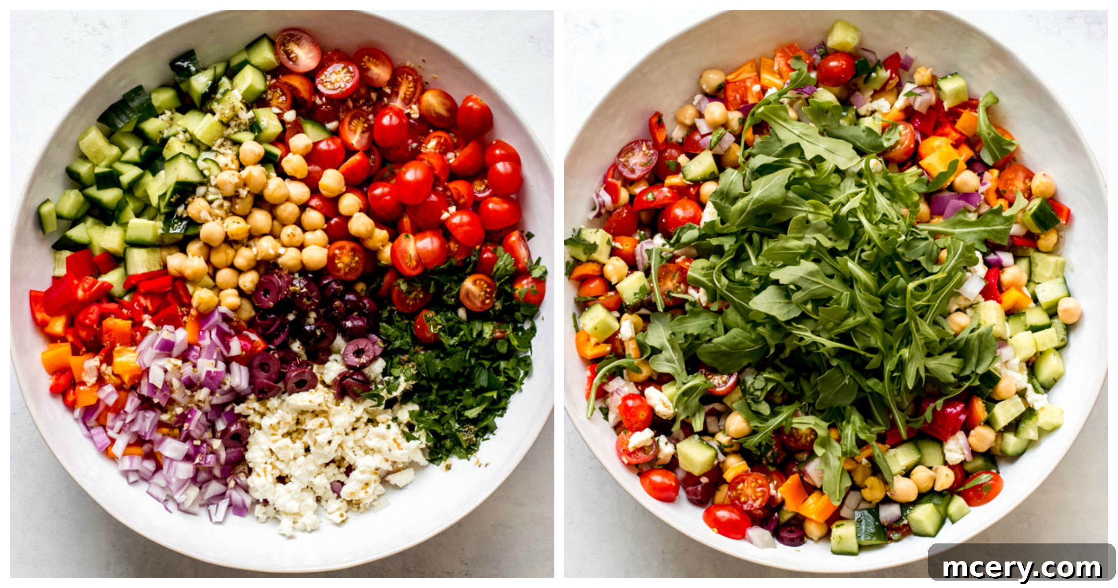 Vibrant Mediterranean Chickpea Salad 6 A large white bowl filled with a vibrant Chickpea Salad, freshly tossed with arugula and dressing, ready for serving.