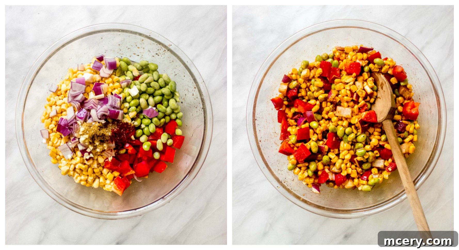 Homestyle Chicken Patties with Bright Corn Succotash 8 Raw chopped up vegetables in a glass bowl