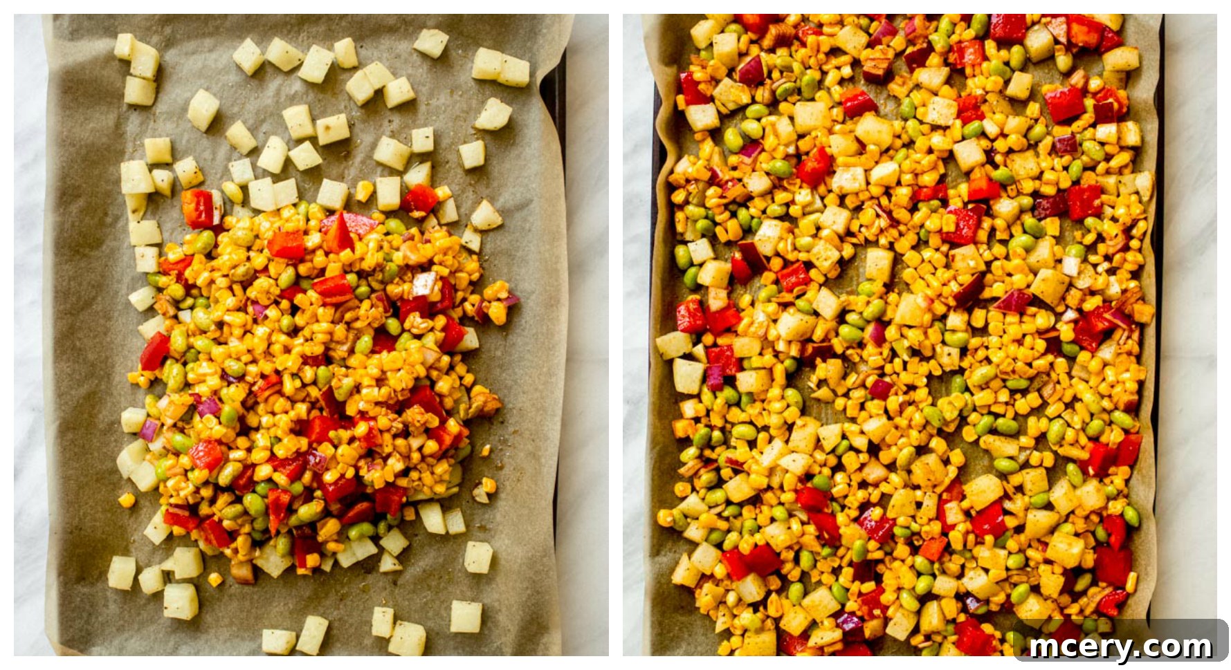 Homestyle Chicken Patties with Bright Corn Succotash 9 Corn succotash vegetables on a sheet pan