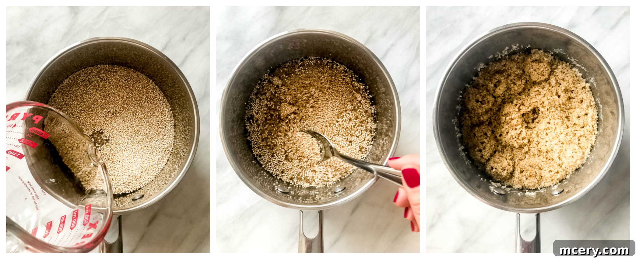 Vibrant Lemon Chicken Quinoa Bowl 4 Step-by-step photos illustrating how to properly cook quinoa on a stovetop, from adding water to fluffing with a fork.